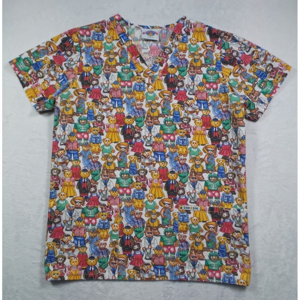 Vintage ScrubStar Top Womens Size Small Multicolor All Over Bears Print USA
